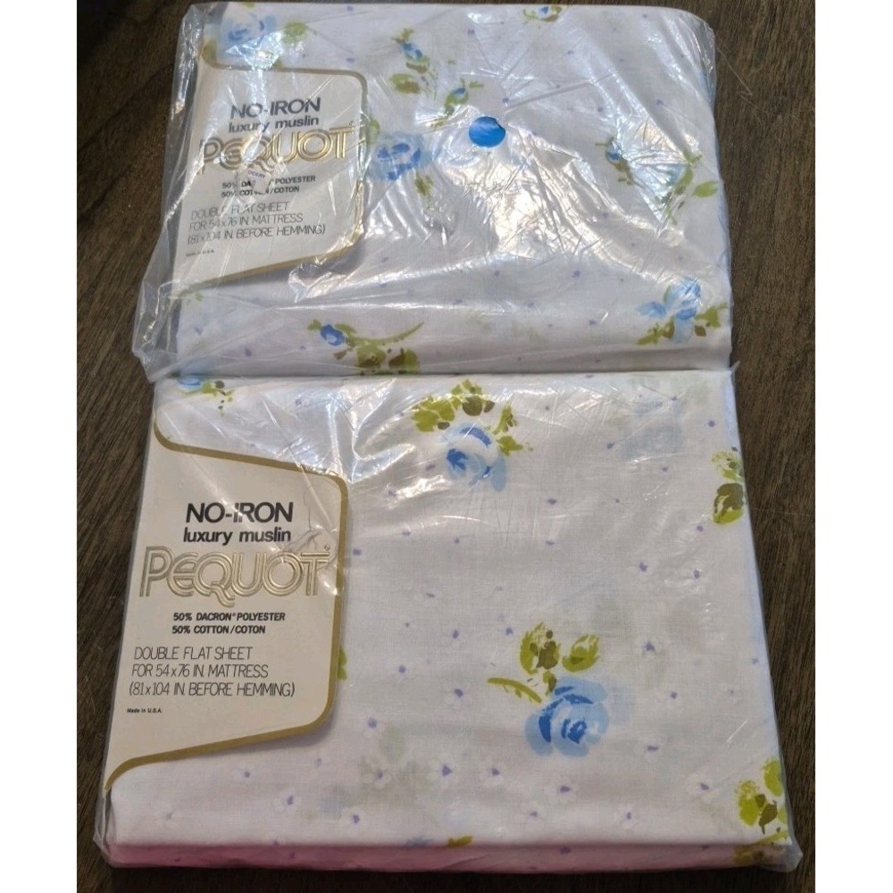 2 Vintage NOS No Iron Luxury Muslin Pequot Double Flat Sheet Blue Rosebuds